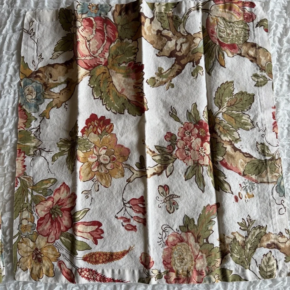 Pottery Barn Floral Linen Cotton Napkins Set Cottagecore Sage Green